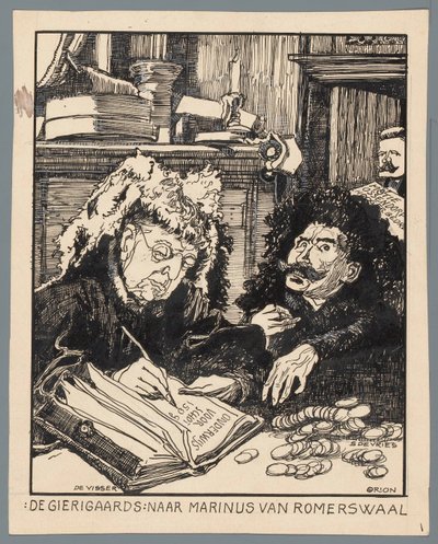 Ministrarna De Visser och Simon de Vries som skatteindrivare The Gierigaards: efter Marinus van Romerwaal (titel på objekt) av Patricq Kroon (signed by artist)