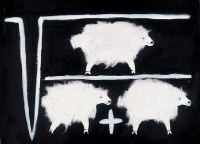 Kloning: En matematisk symbol som representerar kvadratrot, division och additon med får som försökskanin. Vitt bomullscollage mot svart bakgrund. av Patrizia La Porta