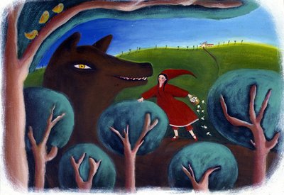 Illustration till Rödluvan (pastell) av Patrizia La Porta