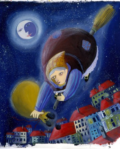"Befana" på sin kvast - illustration av Patrizia La Porta av Patrizia La Porta