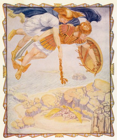Perseus ser gorgonerna (färglitografi) av Patten (after) Wilson