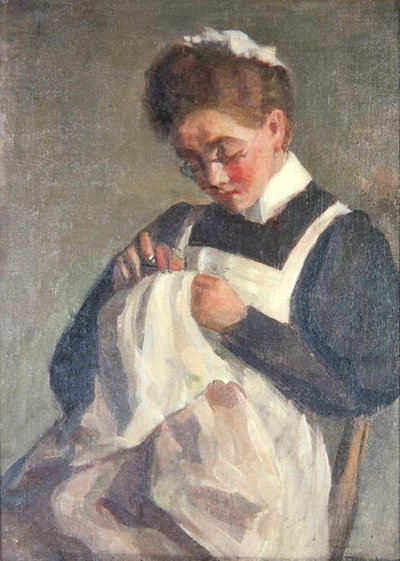 The Sewing Maid (olja på duk) av Patti Mayor