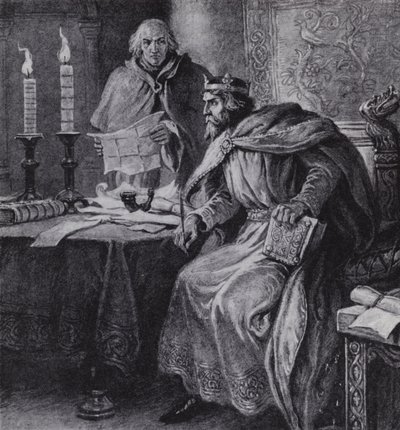 Alfred den store, kung av Wessex, och hans ljusklockor (litho) av Paul (after) Hardy