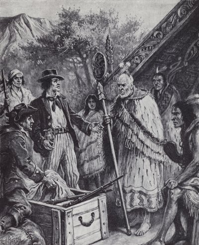 Brittisk handel med maorierna på Nya Zeeland av Paul (after) Hardy