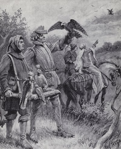 Falkejakt under medeltiden (litho) av Paul (after) Hardy
