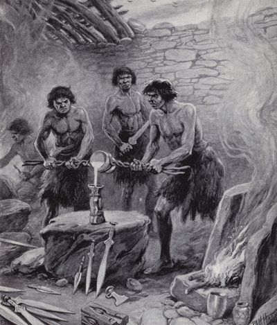 Män som arbetar i ett gjuteri under bronsåldern (litho) av Paul (after) Hardy