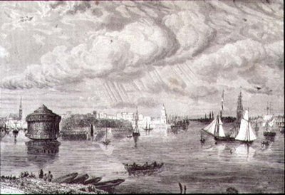 New York Harbor på 1860-talet (gravyr) av Paul (after) Huet