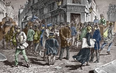 Utsikt över Rue du Croissant i Paris, säte för många tidningar av Paul (after) Merwart