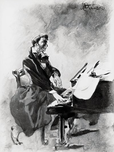 Kompositören och pianisten Frederic Chopin spelar piano, av Albert Besnard (1849-1934), akvarell av Paul Albert Besnard