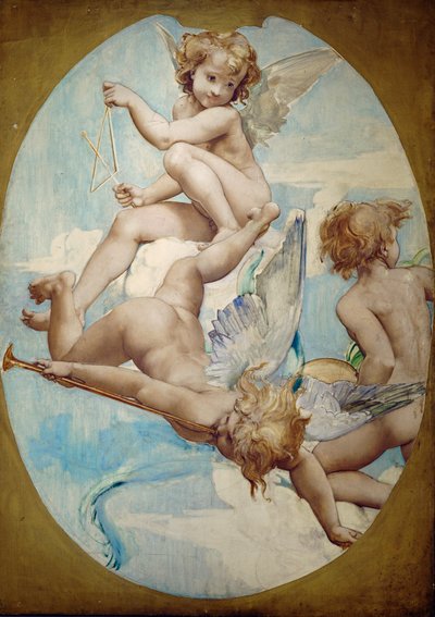 Ovala paneler i den stora foajén visar putti med musikinstrument: trumpet, triangel och cymbaler ... av Paul Baudry