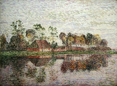 En sydtysk bondgård med många träd och en flod av Paul Baum
