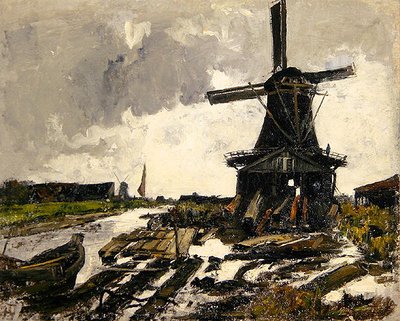Holland, A Canal Landscape with a Wood Saw Windmill, c.1885 (olja på duk) av Paul Baum