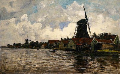 Holland, flodlandskap med två väderkvarnar (olja på trä) av Paul Baum