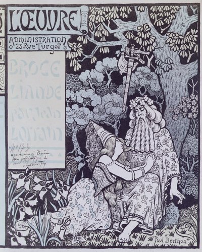 Trollkarlen Merlin och älvan Vivien i Broceliandeskogen, från "Broceliande", en pjäs av Jean Lorrain (1855-1906) ca 1900 (träsnitt) av Paul Berthon