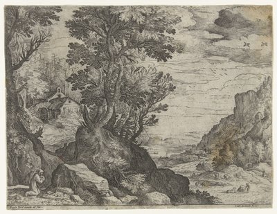 Bergslandskap med en bedjande eremit av Paul Bril