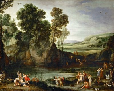 Franska:  Diane découvrant la grossesse de Callisto Landskap med Diana som upptäcker Callistos havandeskap av Paul Bril