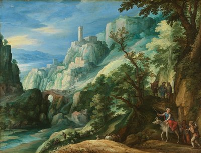 Italienskt bergslandskap med vandringen till Emmaus av Paul Bril