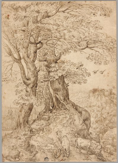 Skogbevuxen landskap med åsnor och getter, och slott på kullen på avstånd av Paul Bril