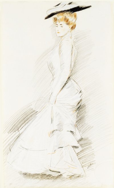 En elegant dam i en vit klänning, av Paul Cesar Helleu