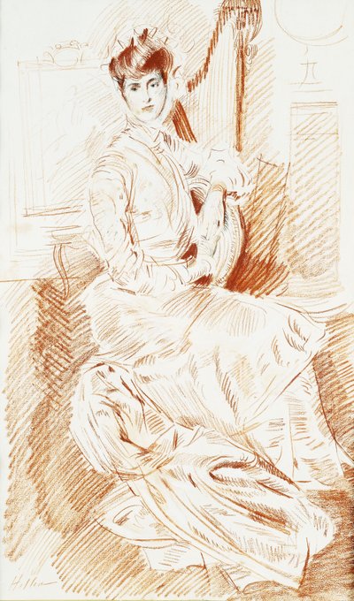 Madame Helleu sittande vid en harpa, av Paul Cesar Helleu