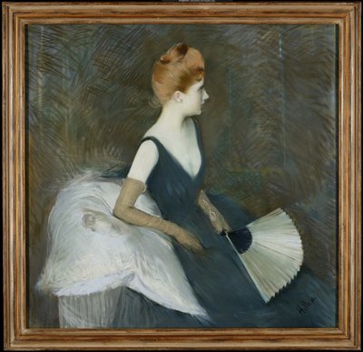 Madame Marthe Letellier sitter i en soffa och håller i en fläkt, ca 1895 (pastell på duk) av Paul Cesar Helleu