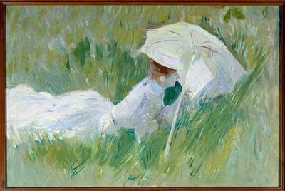 Porträtt av Madame Helleu, målarens hustru, i gräset Målning av Paul Cesar Helleu (1859-1927) före 1927, olja på duk, Dim. 0,54x0,81 m Rouen, musee des Beaux Arts - Porträtt av Madame Helleu, målarens hustru, liggande i gräset. Målning b av Paul Cesar Helleu