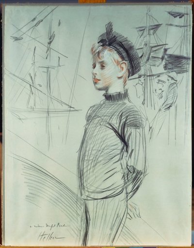 Porträtt av en ung pojke i sjömanshatt och sköldpaddshals, med skepp i bakgrunden av Paul Cesar Helleu