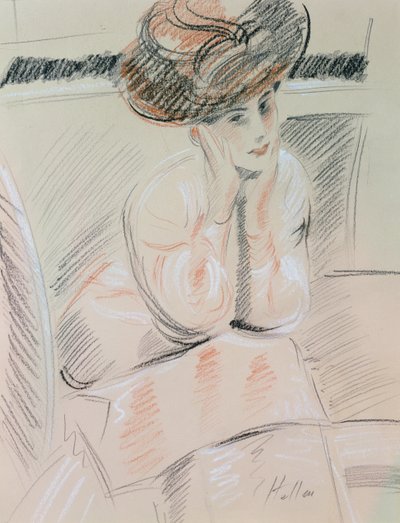 Porträtt av en dam (svart, vit och röd krita på gulfärgat papper) av Paul Cesar Helleu