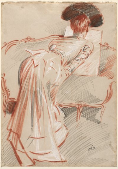 Kvinna (möjligen Madame Alice Hellu) tittar på en teckning, ca 1895 (svart, röd och vit krita) av Paul Cesar Helleu