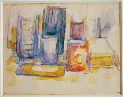 Ett köksbord, kastruller och flaskor (målning) av Paul Cézanne