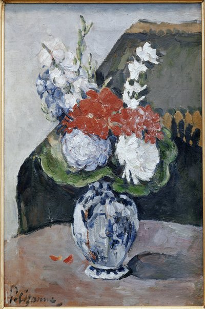 Bukett i en vas av Delft (olja på duk av Paul Cézanne