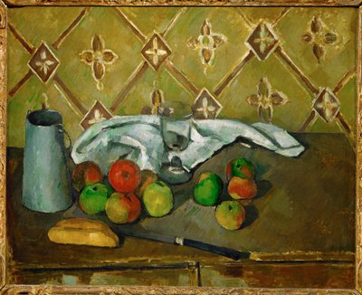 Frukt, servett och kanna med mjölk av Paul Cézanne