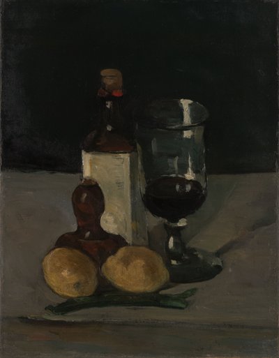 Stilleben med flaska, glas och citroner av Paul Cézanne