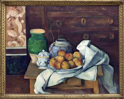 Stilleben har byrån. Målning av Paul Cezanne (1839-1906), olja på duk omkring 1885. Fransk konst av Paul Cézanne