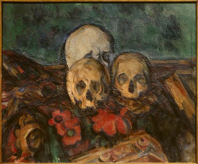 Tre skinn på en orientalisk matta Målning av Paul Cezanne (1839-1906) 1898 Solothurn. Konstmuseum. - Tre dödskallar på en orientalisk matta. Målning av Paul Cezanne (1839-1906) av Paul Cézanne