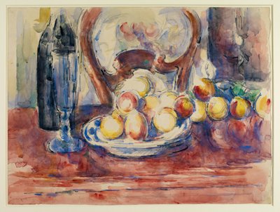 Äpplen, flaska och stolsrygg, ca 1904-06 (grafit och akvarell på vävt papper) av Paul Cézanne