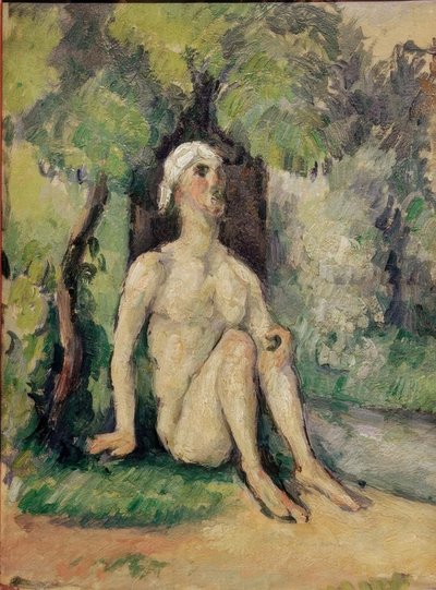 Badande sitter vid vattnet av Paul Cézanne
