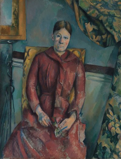 Madame Cézanne Hortense Fiquet, 1850-1922 i en röd klänning, 1888-90. av Paul Cézanne