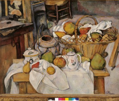 Stilleben med korg eller köksbordet av Paul Cézanne