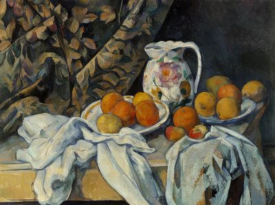 Stilleben med gardin och blommig kanna av Paul Cézanne