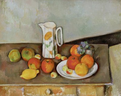 Stilleben: mjölkkanna och frukt på ett bord av Paul Cézanne
