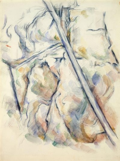 Tall och stenar nära grottorna ovanför Château-Noir av Paul Cézanne
