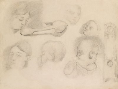 Studier av ett barns huvud, ett kvinnas huvud, en sked och en klocka med lång låda, c1872 av Paul Cézanne