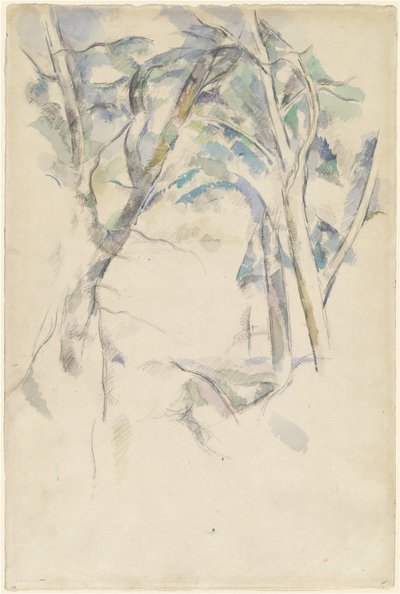 Träd som lutar sig över stenar av Paul Cézanne