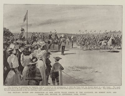 Den militära granskningen och inspektionen av New South Wales styrkor av guvernören Sir Robert Duff och generalmajor Hutton i Centennial Park, Sydney av Paul Destez