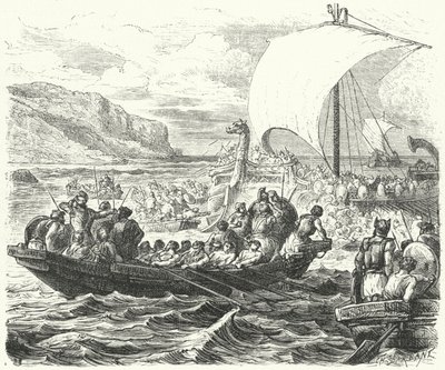 Feniciska fartyg som landar på en kust (gravyr) av Paul Dominique Philippoteaux