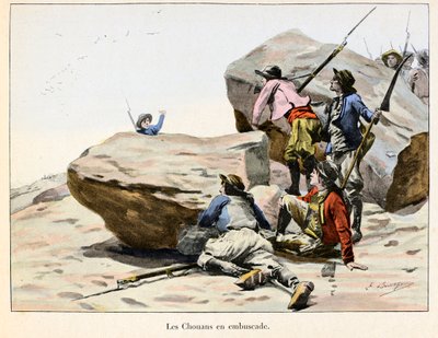 Chouannerie: Les Chouans en ambuscade, sent 1700-tal - Illustration av Emile Boutigny (1853-1929) I "" Hoche-Marceau-Desaix"" av Theodore Cahu (1854-1928) - Privat samling - Chouannerie: Illustration av Emile Boutigny (1853) -1929) för "Hoche-Marcea av Paul Émile Boutigny