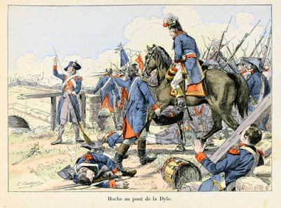 Hoche au pont de la Dyle: Mnamo Machi 1793, akifunika mafungo kwenye njia ya Dyle mbele ya Leuven (Ubelgiji), Lazare Hoche (1768-1797) alipigana na Waaustria - kielelezo cha Emile Boutigny (1853-1929) "Hoche-Marceau-Desaix" na Theodore swed av Paul Émile Boutigny