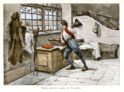 Skallra i Versailles stall: Lazare Hoche (1768-1797) gick in i det kungliga stallet vid 14 år gammal som supernumerär assistent - Illustration av Emile Boutigny (1853-1929) I "Hoche-Marceau-Desaix" av Theodore Cahu (1854-192) ) - Privat samling av Paul Émile Boutigny
