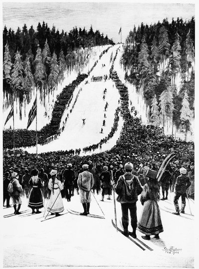 Skidor: Det norska derbyt, skidloppet - teckning av Paul fisher, feb. 1900, Bibl. des Arts Deco. av Paul Fischer